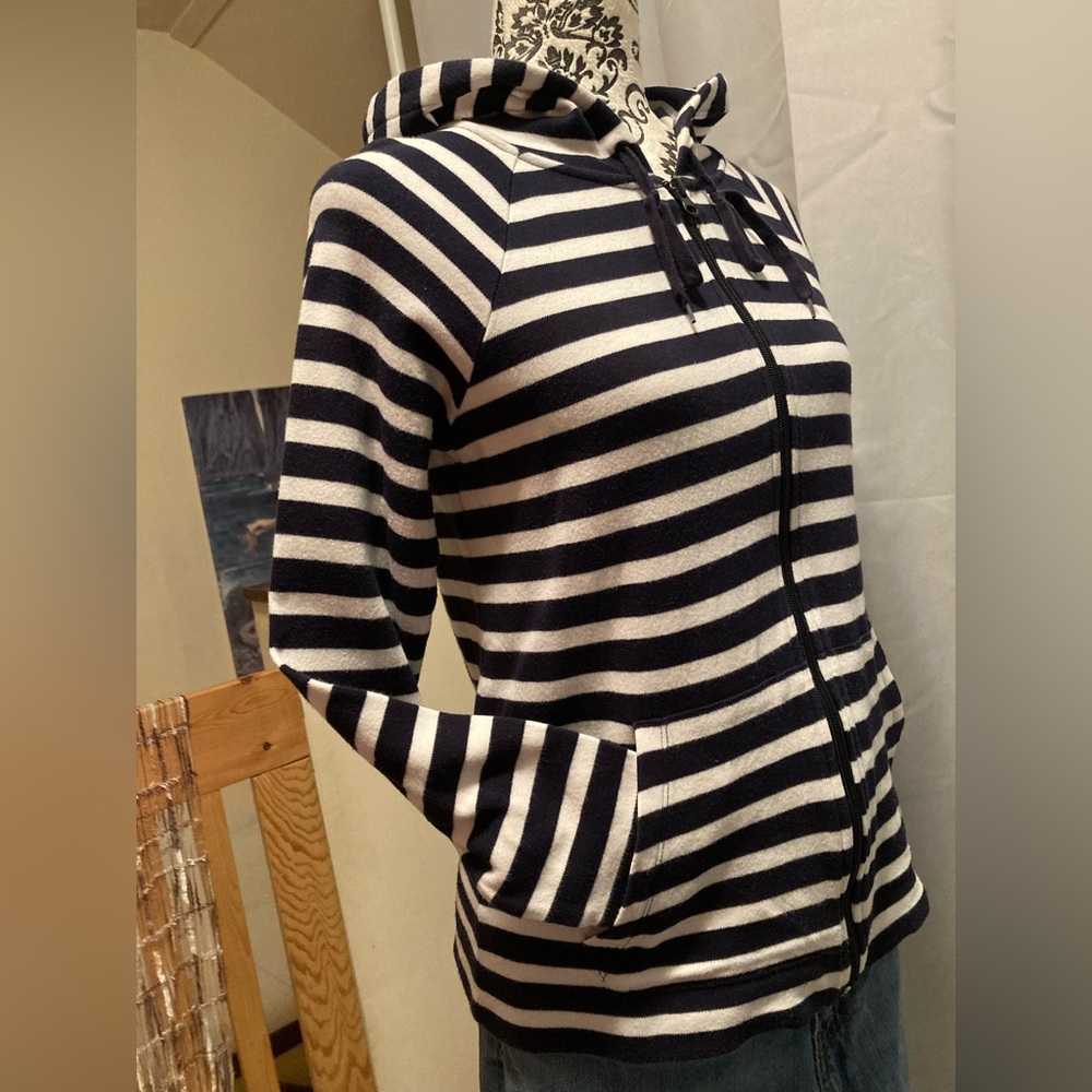 JONES NEW YORK Sport (Small) 100% Cotton Hoodie, Black + Cream Striped